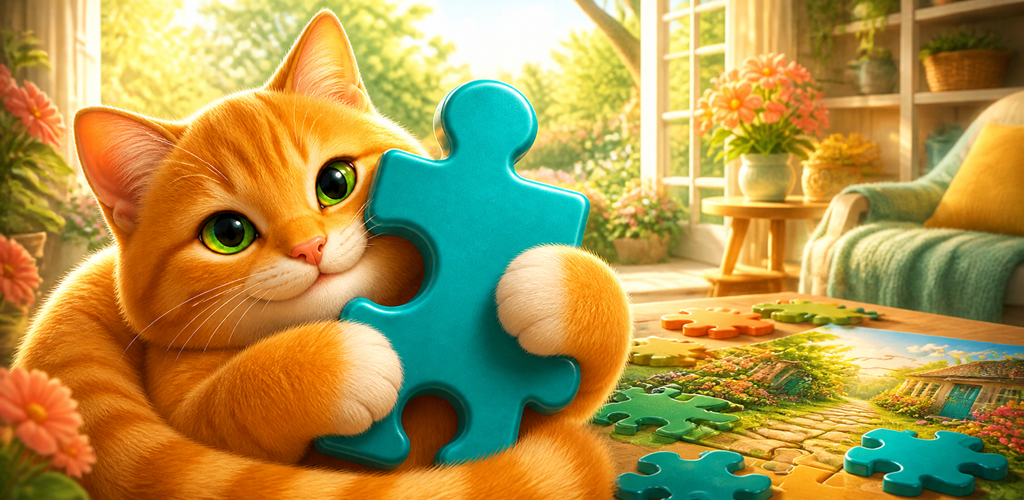 Pieceful Home artwork: an orange kitten holds a turquoise puzzle piece in a sunny, flower-filled room.